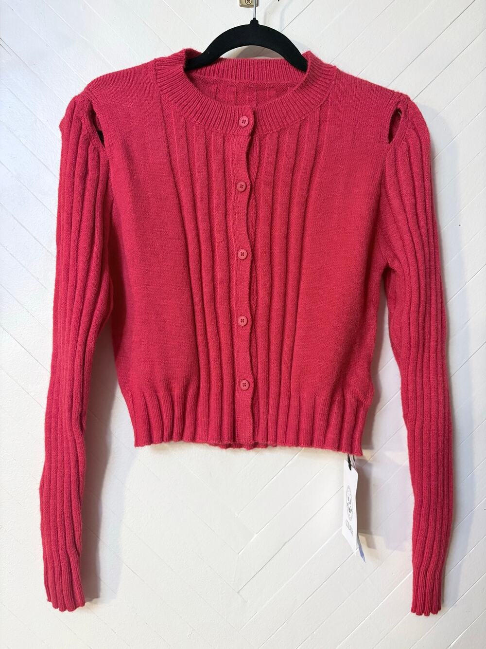 Retro Pin Up Red Cider Cardigan Floral Cut Outs Cable Knit Women's Size Medium